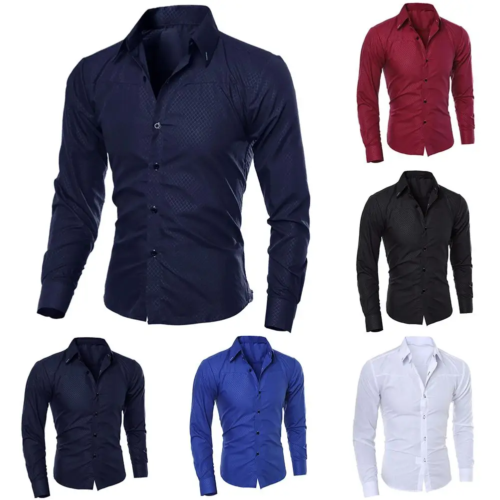 Shirts Men Fashion Solid Color Turn Down Collar Long Sleeve Blouse Shirt Top
