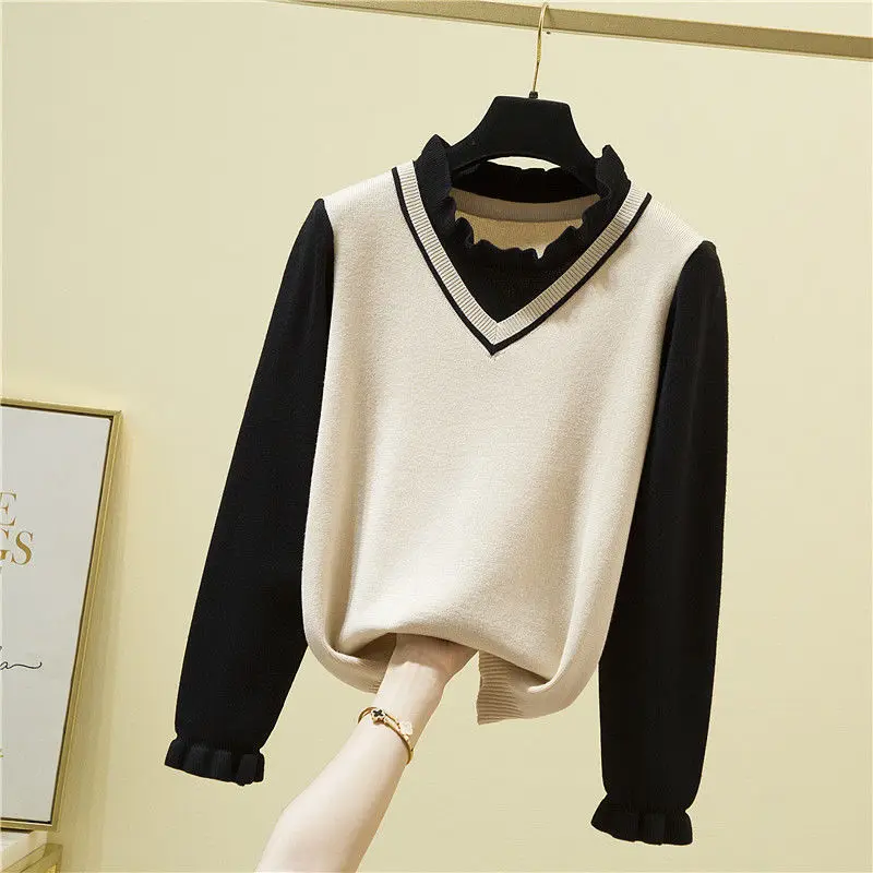 Spring Autumn Fashion Foreign Style Polo Collar Fake Two Pieces Of Age Reducing Long Sleeve Knitted Top Women's Splicing Sweater 
Spring Autumn Fashion Foreign Style Polo Collar Fake Two Pieces Of Age Reducing Long Sleeve Knitted Top Women's Splicing Sweater
