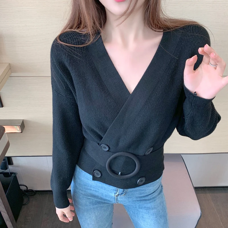 Autumn Sweaters Women Long Sleeve v-Neck Knitted Tops Sashes Sweater Gray Black Clothes Fashion Casual Pullovers
Autumn Sweaters Women Long Sleeve v-Neck Knitted Tops Sashes Sweater Gray Black Clothes Fashion Casual Pullovers
