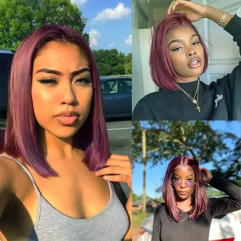 

Peruvian Straight Short Bob Wig 13X1 Lace Wigs Human Hair Wigs 99J Red Burgundy Pre-Plucked Remy Human Hair Blonde Deep Part Wig