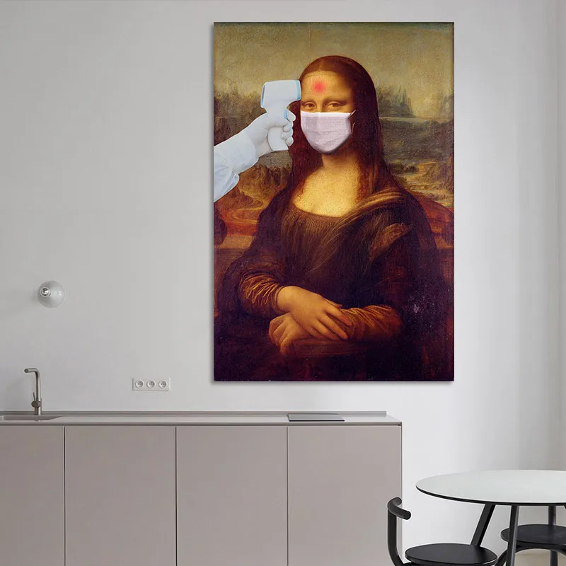 

Humor Funny Canvas Wall Art Wear Mask Mona Lisa Style Poster On Loft Frameless Home Room Decor Painting Prints