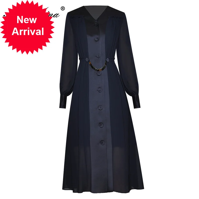 New 2021 Fashion Designer Summer Chiffon Dresses Women's V-neck Single-breasted Long sleeve Elegant Party Midi Dress
New 2021 Fashion Designer Summer Chiffon Dresses Women's V-neck Single-breasted Long sleeve Elegant Party Midi Dress