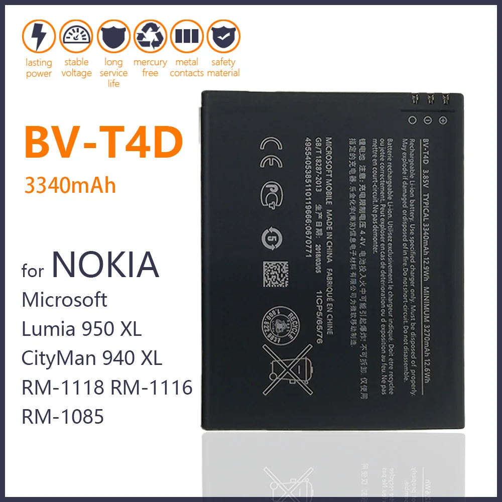 100% Original 3340mAh BV-T4D / BVT4D Phone Battery For Nokia Microsoft Lumia 950 XL CityMan 940 XL RM-1118 RM-1116 RM-1085
100% Original 3340mAh BV-T4D / BVT4D Phone Battery For Nokia Microsoft Lumia 950 XL CityMan 940 XL RM-1118 RM-1116 RM-1085