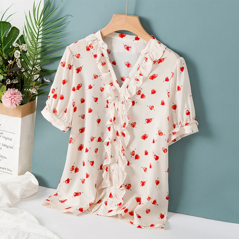 100% Silk Women's Shirt Sexy V Neck Short Sleeves Printed Edible Three Fungus Fashion Summer Blouse
100% Silk Women's Shirt Sexy V Neck Short Sleeves Printed Edible Three Fungus Fashion Summer Blouse