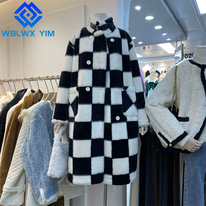 

High quality Wool Blend Long Coat Women Winter Thick Warm Overcoat Loose Stand Collar Fashion Plaid Spliced Woolen Coat Female