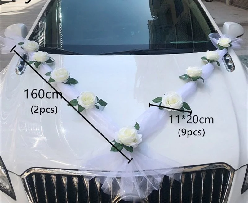 Artificial White Rose Wedding Car Decoration Flower with Ribbon Bridal Car DIY Mirror Handle Flowers