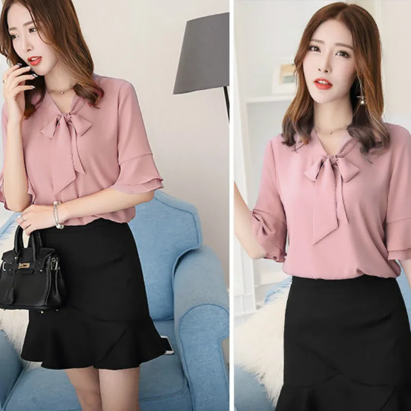 Shirts Women Flare Sleeve Bow Korean Style Leisure Fashion Casual Blouses Chiffon Elegant Vintage Daily Womens Summer Streetwear
Shirts Women Flare Sleeve Bow Korean Style Leisure Fashion Casual Blouses Chiffon Elegant Vintage Daily Womens Summer Streetwear