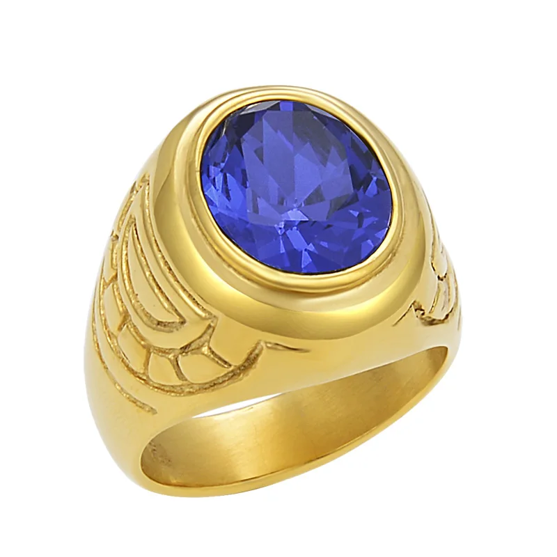 Фото Мужское простое кольцо с голубым камнем золотого цвета обручальное из