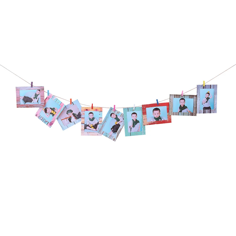 9pcs Wood Grain Style Photo Frame with Clips and Rope DIY Hanging Picture Album Banner Baby Shower Wedding Home Decoration Craft | Дом и сад