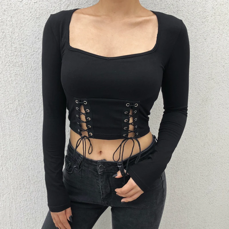 YICIYA Women Black Square Collar T Shirt Cropped Bandage Hollow Out Long Sleeve Tshirt High Street Tee Shirt Femme Crop Top 
YICIYA Women Black Square Collar T Shirt Cropped Bandage Hollow Out Long Sleeve Tshirt High Street Tee Shirt Femme Crop Top