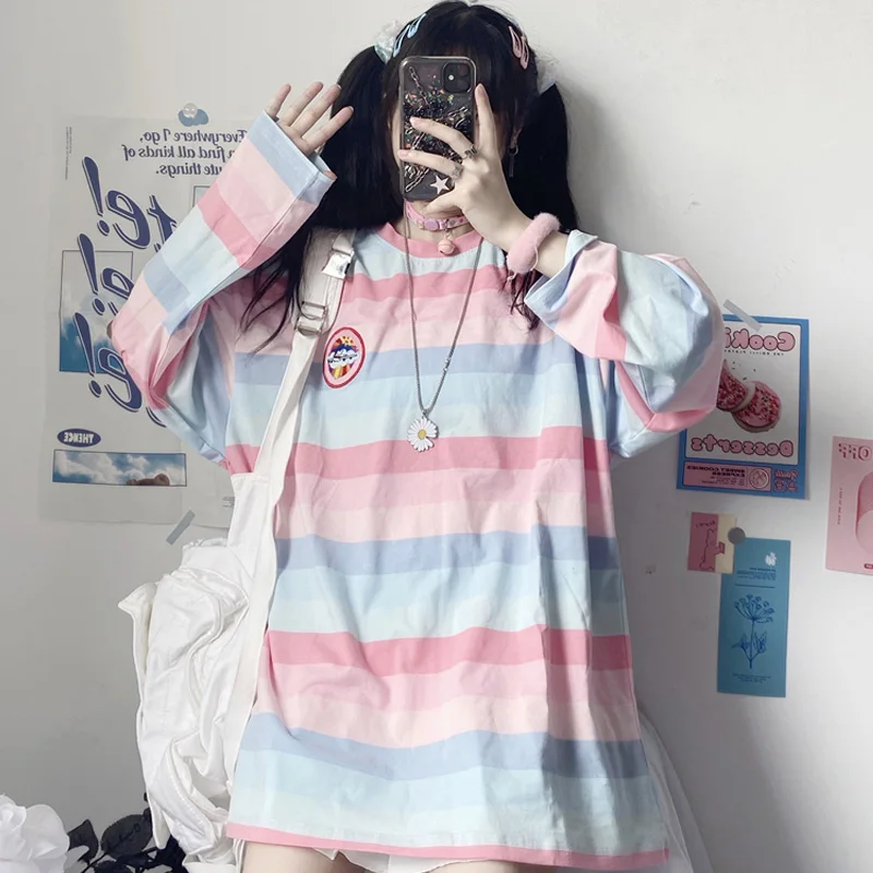 

Harajuku Rainbow Stripe T Shirt Girl Tops Pring Autumn Embroidery Long Sleeve Tee Women Sweet T-shirt Casual Female Christmas