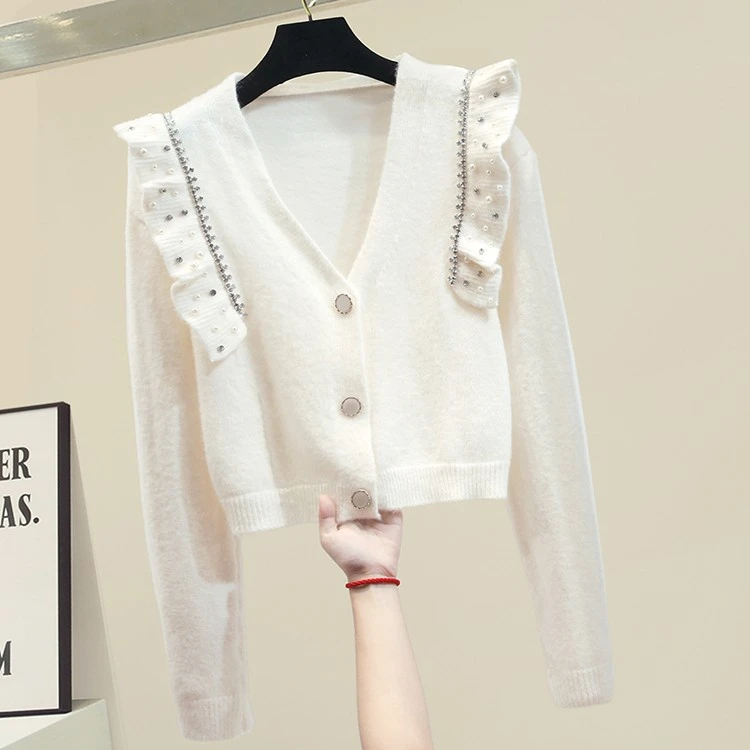 V Collar Sweater Cardigan 2021 New Women's Winter Knitting Sweater Beading Ruffles Short Knit Cardigans Coat Lady Black Sweaters
V Collar Sweater Cardigan 2021 New Women's Winter Knitting Sweater Beading Ruffles Short Knit Cardigans Coat Lady Black Sweaters