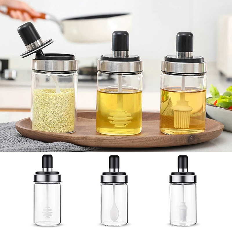 

Glass Airtight Jar Spice Containers Bottle Condiment Salt Pepper Honey Seasoning Storage Bottle Spice Jars Pot with Spoon Lid