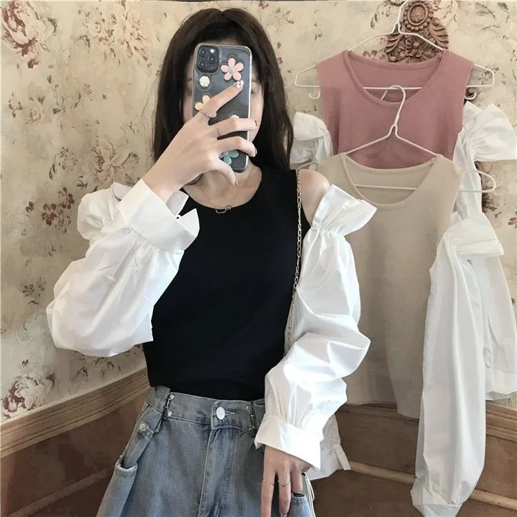 

2021 New Fall Women's Clothing Long Sleeve Patchwork Knitting Top Slim-Fit Assorted Colors Western Style off-the-Shoulder Fake
