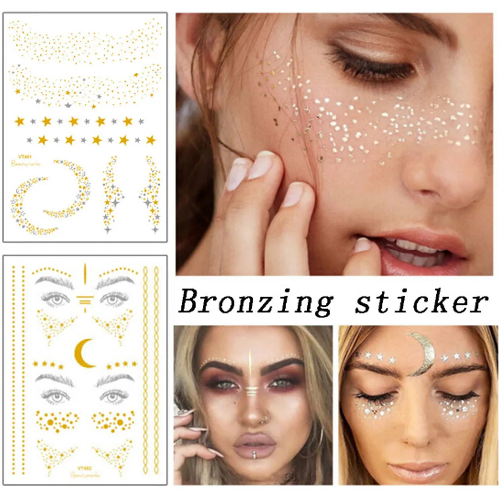

Christmas Halloween Gold Silver Face Tattoo Waterproof Bronzing Freckles Make Up Flash Tattoo Sticker Eye Decals Tribe Party New