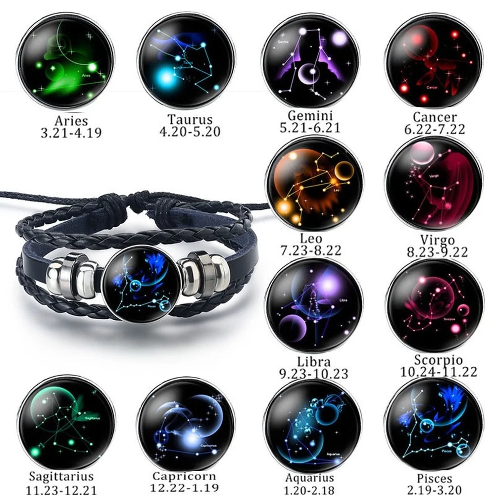 New style Zodiac Bracelet Unisex Charm Jewelry Glass Metal Constellation Buckle Black Multilayer Leather Bracelet Couples Gift
New style Zodiac Bracelet Unisex Charm Jewelry Glass Metal Constellation Buckle Black Multilayer Leather Bracelet Couples Gift