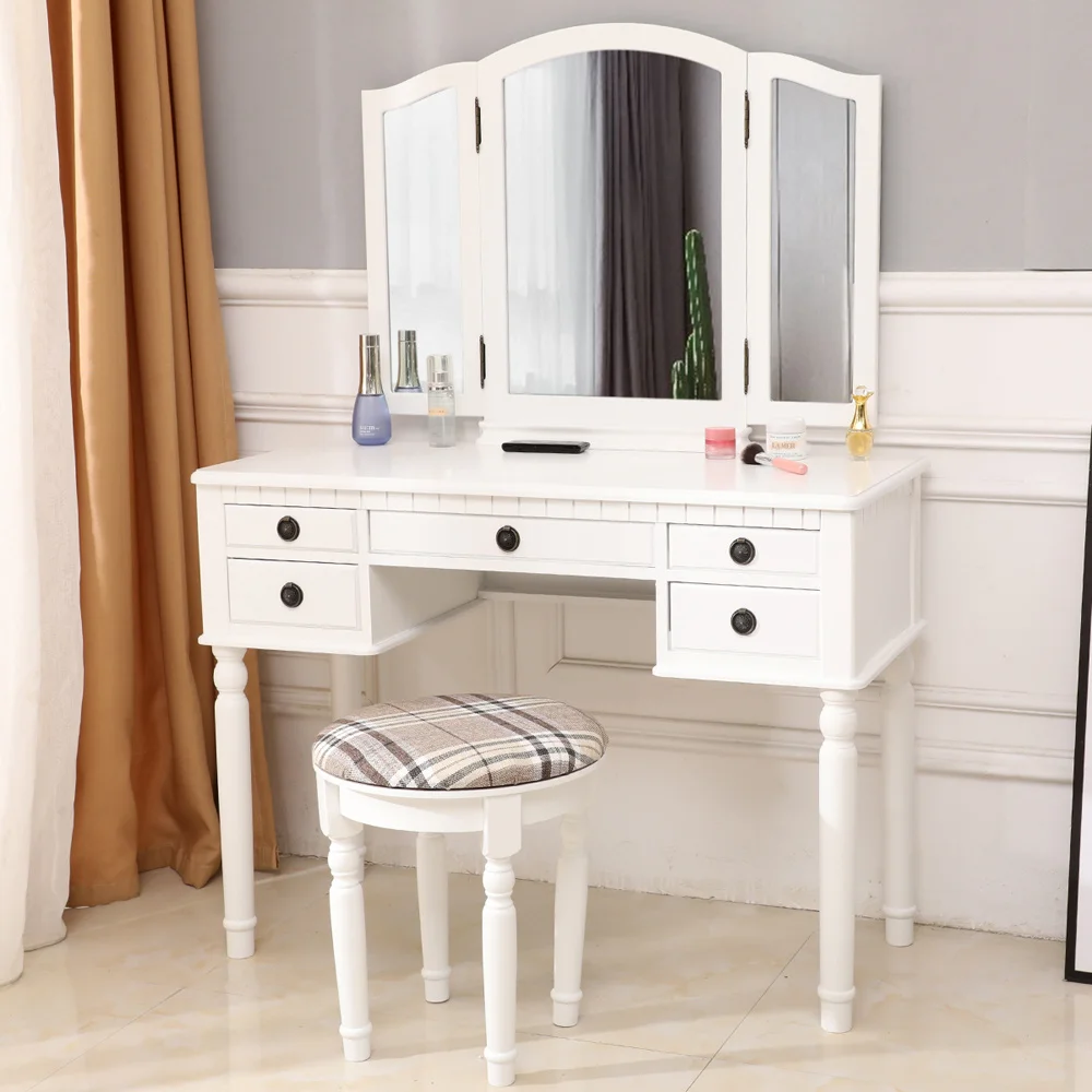 Dresser Three-Fold Square Mirror Drawers Roman Column Dressing Table White With Dressing Stool White US Warehuse
Dresser Three-Fold Square Mirror Drawers Roman Column Dressing Table White With Dressing Stool White US Warehuse