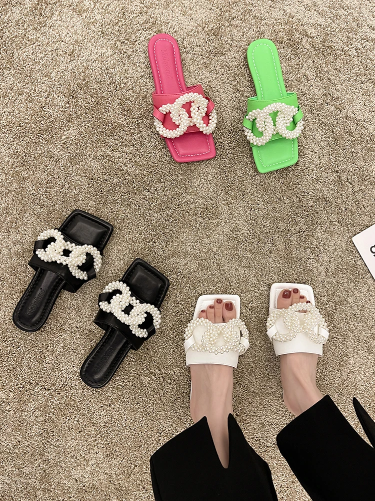 

One-Word Sandals Summer New Styles Exquisite Pearls Comfortable Flat-Bottomed Fashion All-Match Outer Wear Ladies Slippers