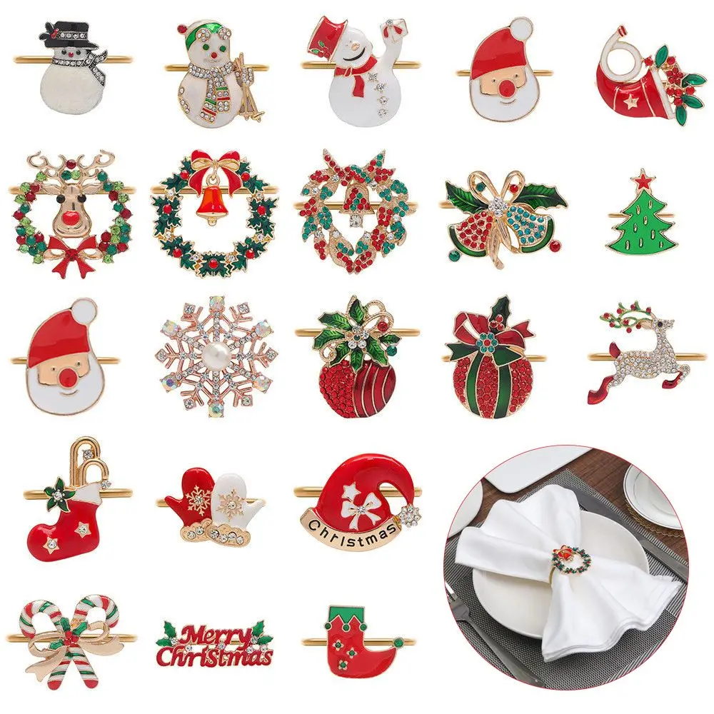 

Merry Christmas Tree Napkin Ring Snowman Elk Socks Bells Bow Flower Wreath Mouth Ring Circle Wedding Banquet Hotel Table Supply