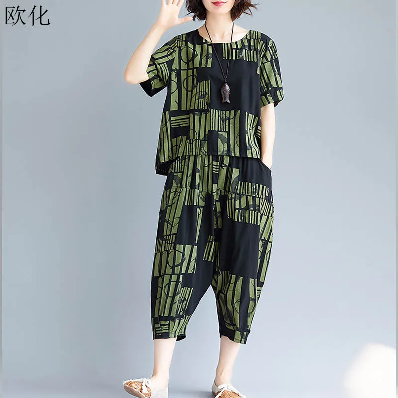 Plus Size 2020 Summer New Art Print 2 Piece Set Sportswear Women Vintage Cotton Linen Tshirt Female Elastic Waist Wide Leg Pants
Plus Size 2020 Summer New Art Print 2 Piece Set Sportswear Women Vintage Cotton Linen Tshirt Female Elastic Waist Wide Leg Pants