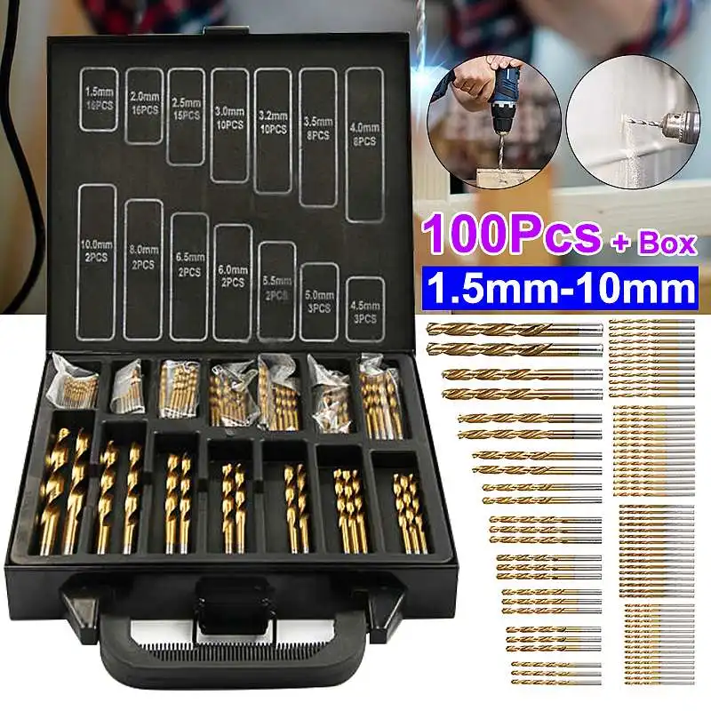99Pcs 1.5mm-10mm Titanium Coated Twist Drill Bit High Steel for Woodworking Metal Plastic And Aluminum HSS Drill Bit Set w Case
99Pcs 1.5mm-10mm Titanium Coated Twist Drill Bit High Steel for Woodworking Metal Plastic And Aluminum HSS Drill Bit Set w Case