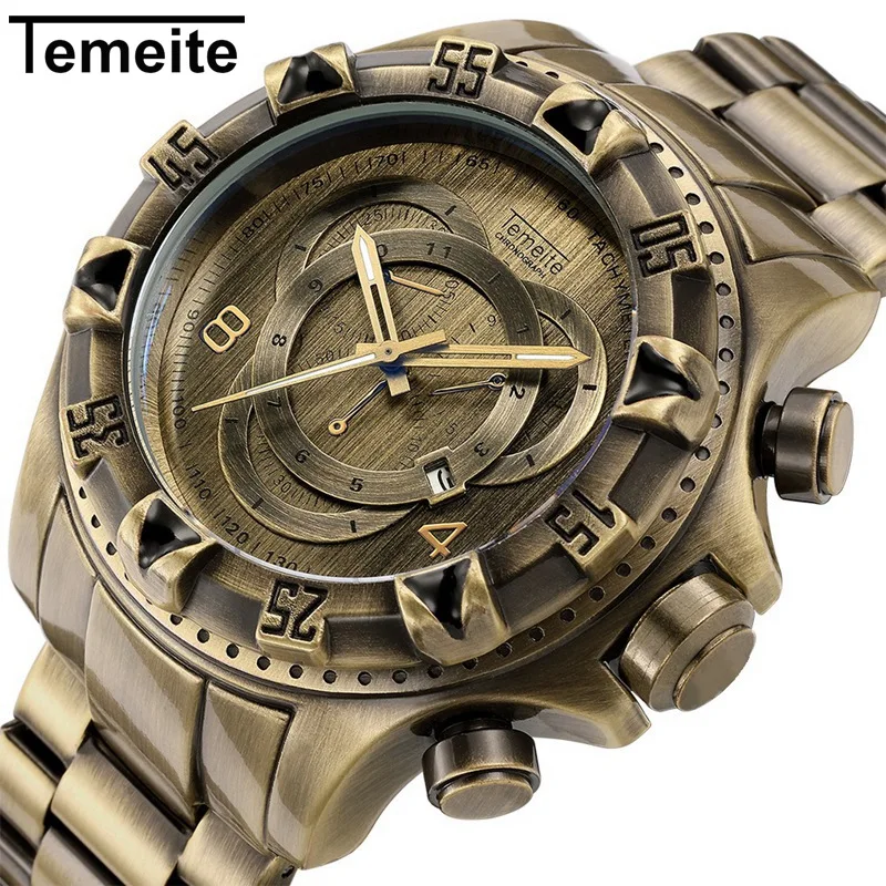 Часы наручные TEMEITE Мужские кварцевые модные брендовые в стиле ретро из бронзы