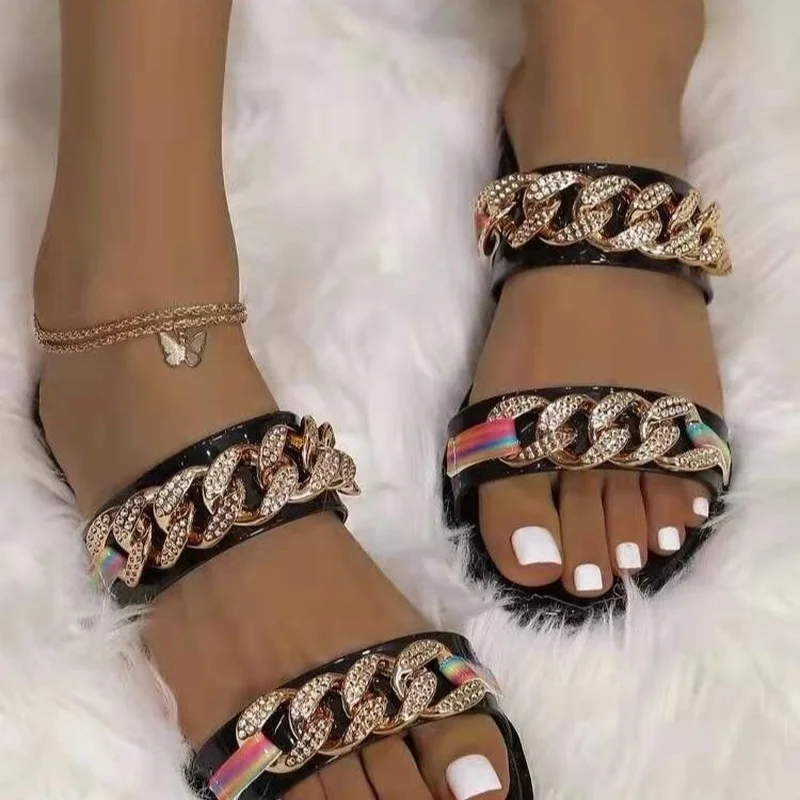 Women's Flat Slippers 2021 Summer New Casual Metal Chain Slippers Comfortable and Lightweight Beach Sandals Zapatos De Mujer
Women's Flat Slippers 2021 Summer New Casual Metal Chain Slippers Comfortable and Lightweight Beach Sandals Zapatos De Mujer