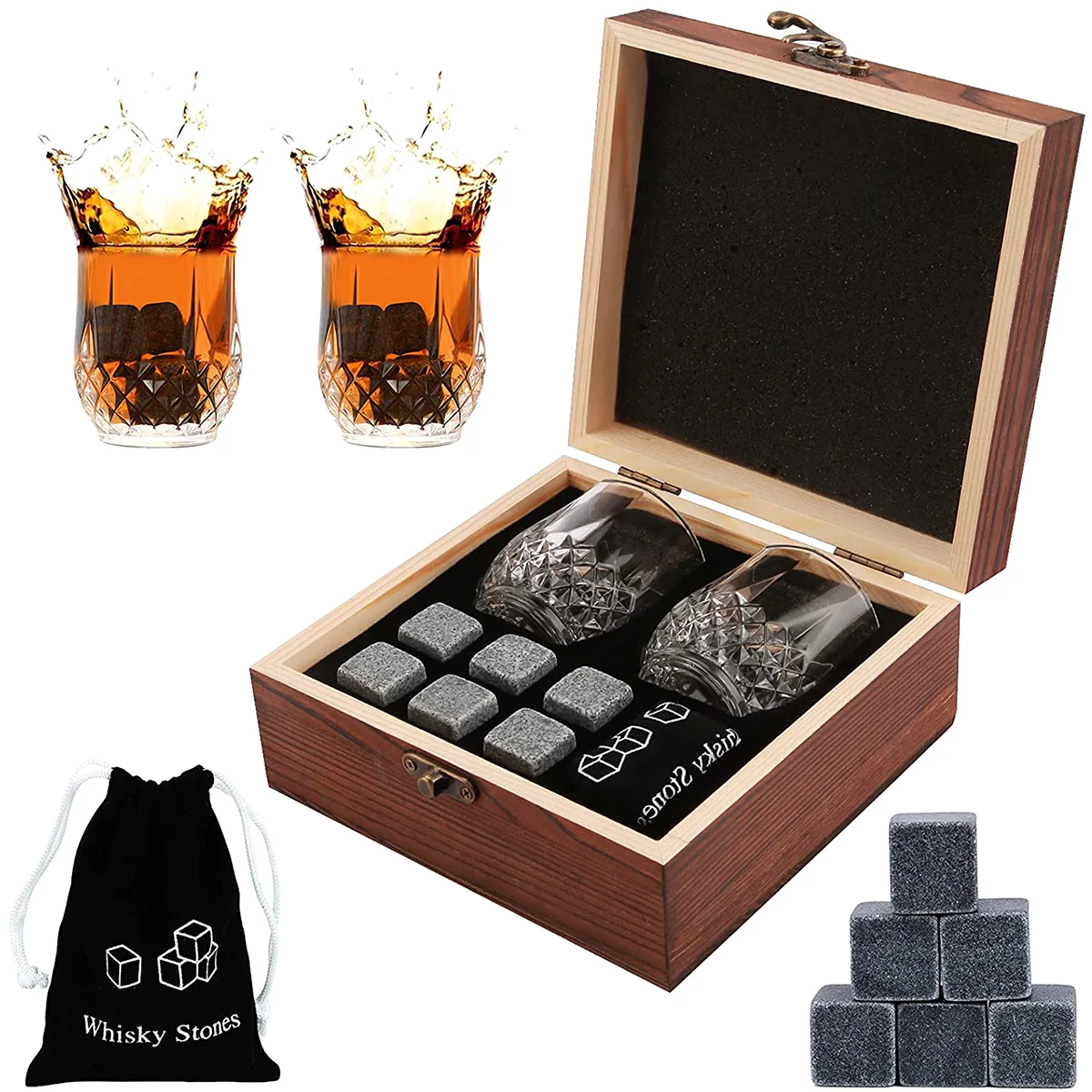 Whiskey Stones Gift Set 2 Whiskey Glass with 6 Granite Chilling Whiskey Reusable Rocks in Wooden Box Bar Ktchen Accessories
Whiskey Stones Gift Set 2 Whiskey Glass with 6 Granite Chilling Whiskey Reusable Rocks in Wooden Box Bar Ktchen Accessories
