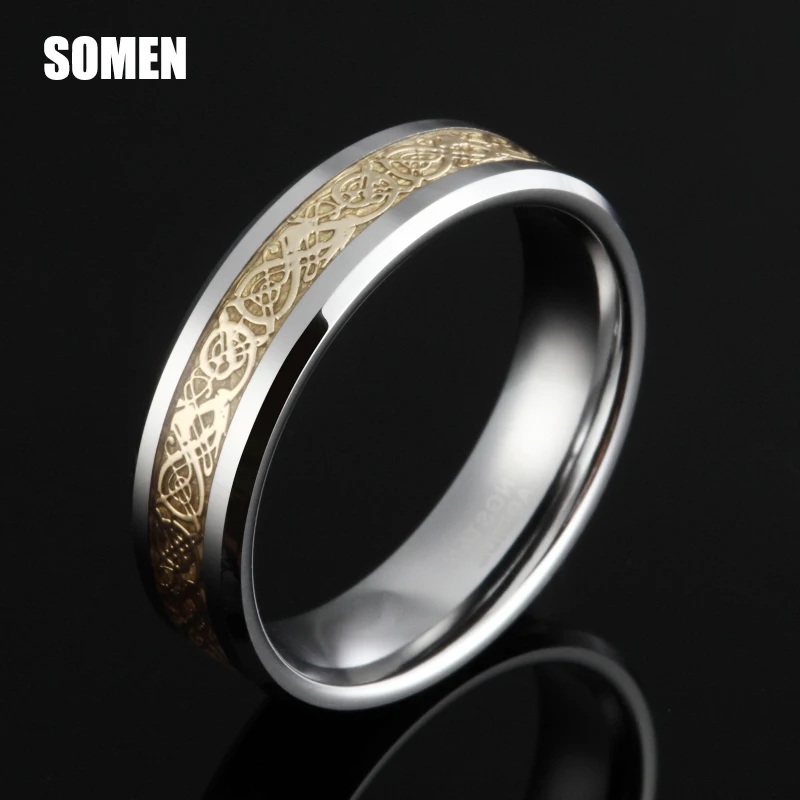 

6mm&8mm Mens Tungsten Carbide Ring Gold Celtic Dragon Inlay Polish Edges Engagement Rings Wedding Band Men Jewelry Bague Homme