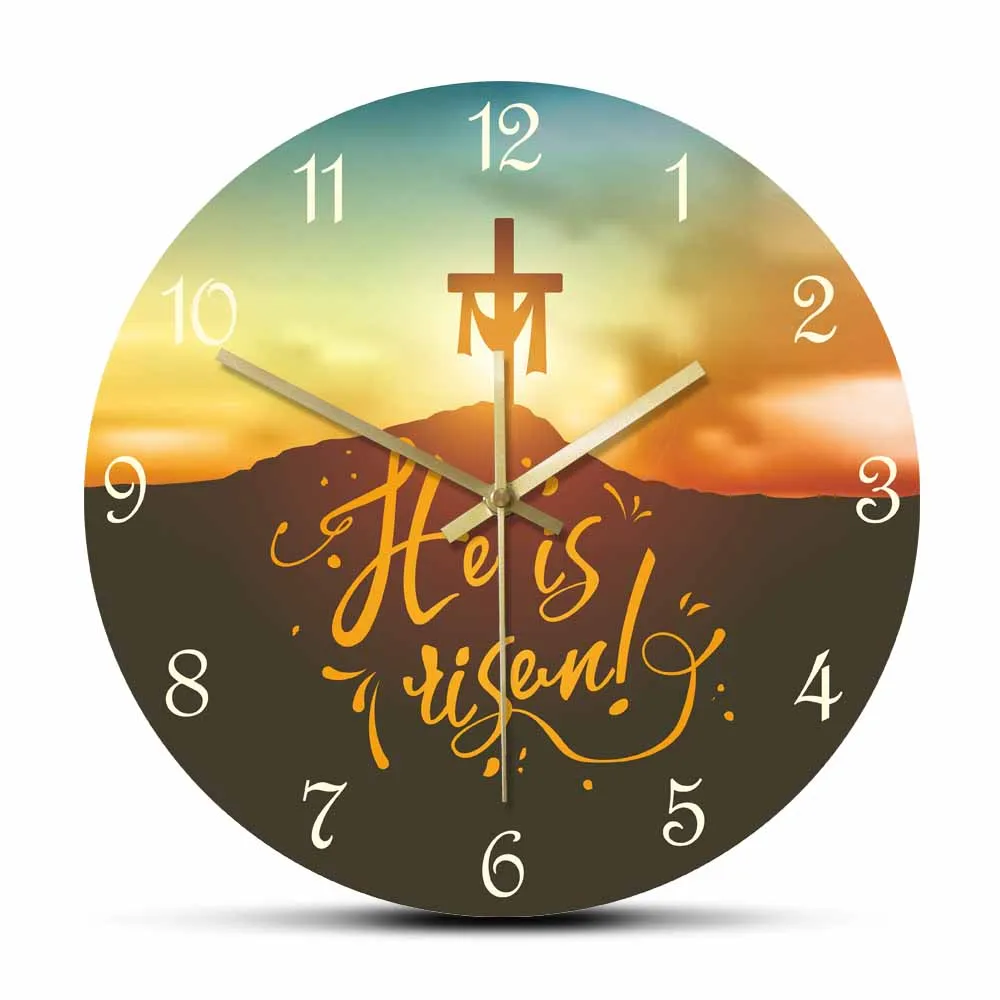 

Христианская Пасха Он воскрес религиозный тихий настенные часы домашний декор крест Спасителя Иисуса христианский духовный подарок