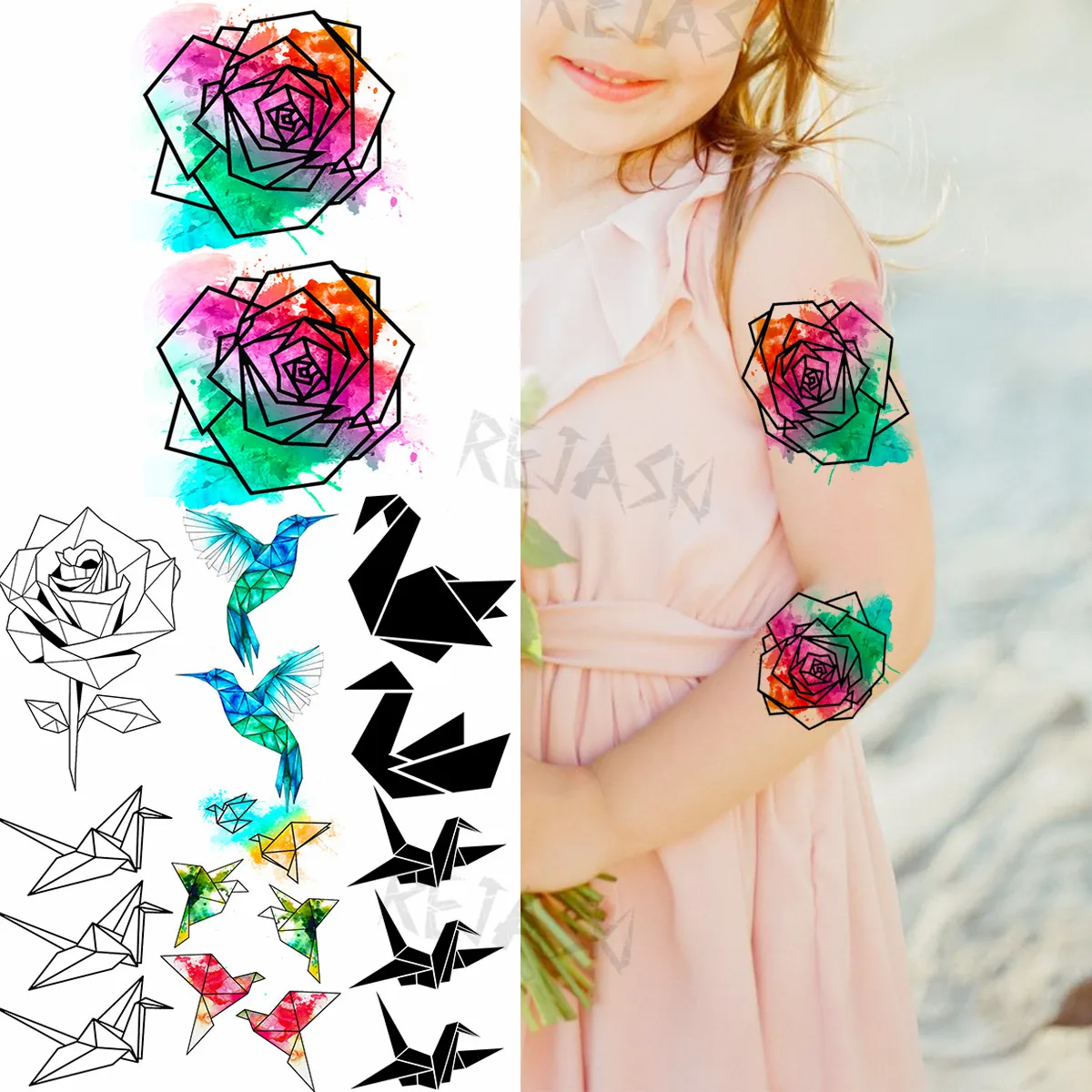 3D Small Watercolor Rose Temporary Tattoos For Kids Women Thousand Paper Cranes Realistic Fake Tattoo Cute Arm Waterproof Tatoos
3D Small Watercolor Rose Temporary Tattoos For Kids Women Thousand Paper Cranes Realistic Fake Tattoo Cute Arm Waterproof Tatoos