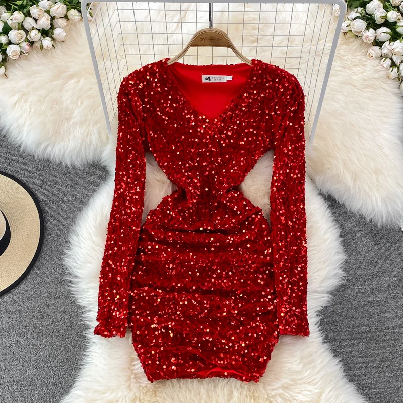 Women's Sexy V-neck Sequin Party Dress Ladies Quality Luxury Bodycon Pleated Mini Short Dresses Red Black Spring Dress 2022
Women's Sexy V-neck Sequin Party Dress Ladies Quality Luxury Bodycon Pleated Mini Short Dresses Red Black Spring Dress 2022