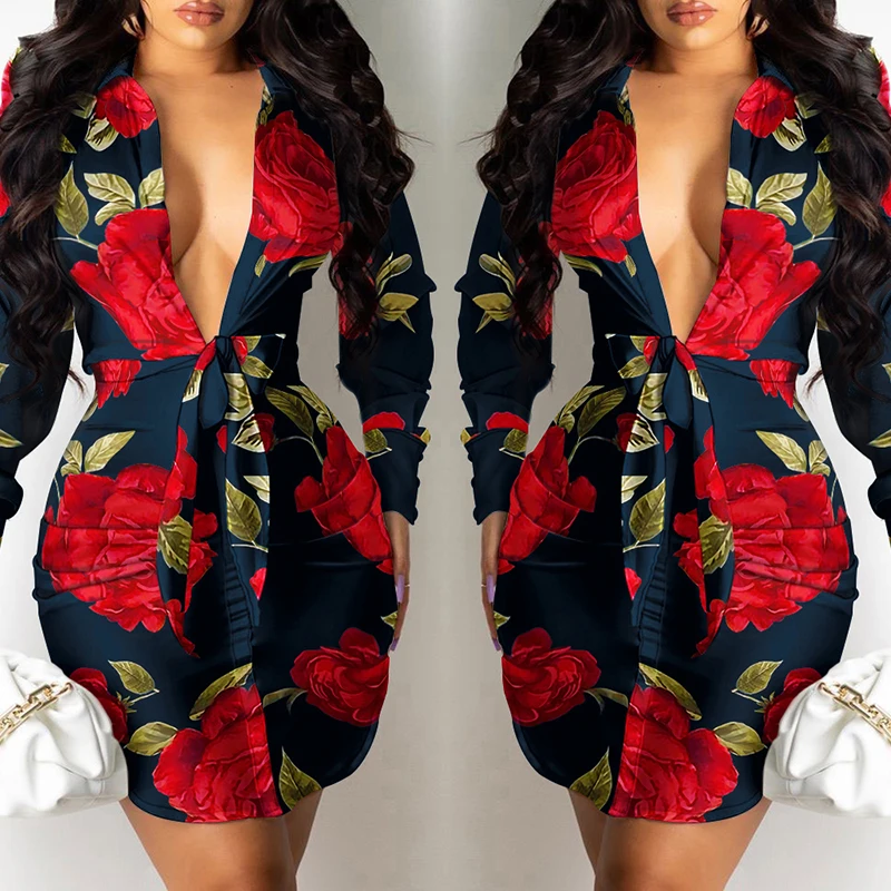 Women Spring Autumn Fashion Elegant V Neck Long Sleeve Plunging Knot Tie Floral Print Shirt Dress Workwear Tight Mini Dress
Women Spring Autumn Fashion Elegant V Neck Long Sleeve Plunging Knot Tie Floral Print Shirt Dress Workwear Tight Mini Dress
