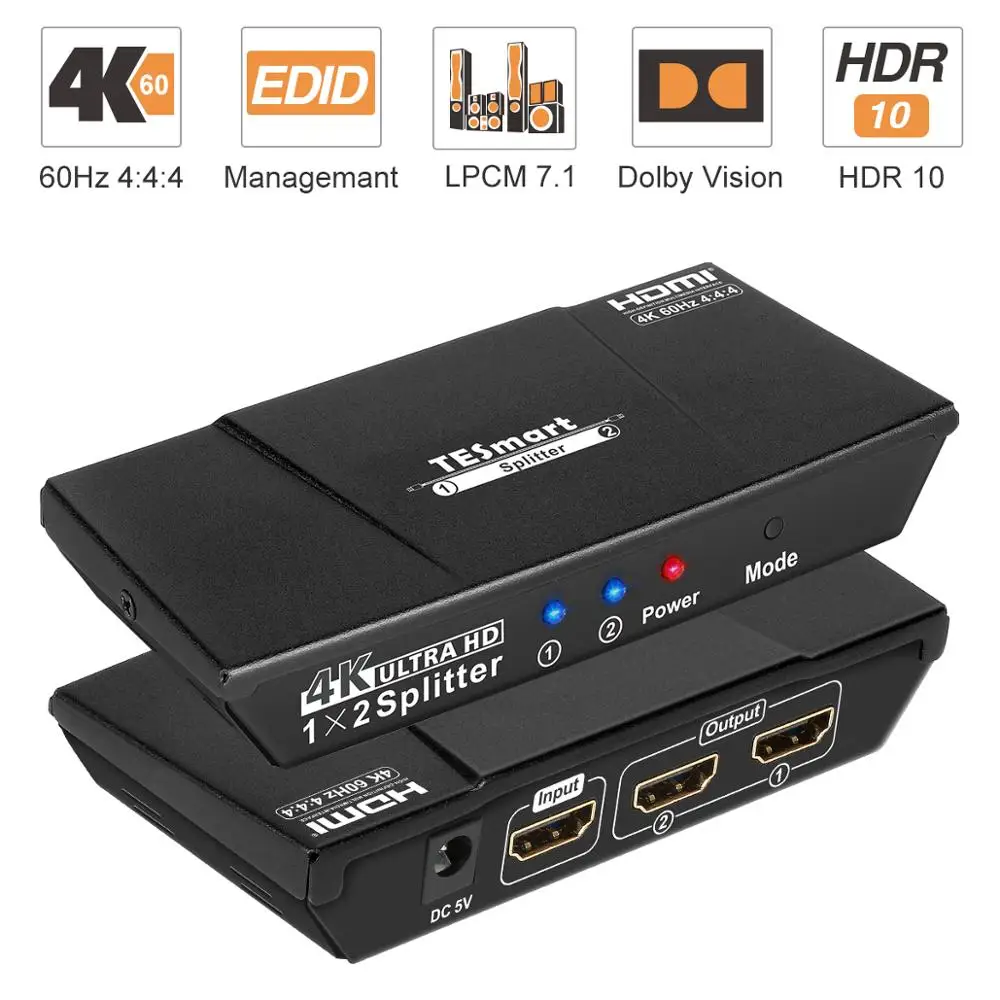 Разветвитель HDMI HDCP2.2 4K @ 60 Гц разветвитель 1 в 2 выхода для двух мониторов 1x2