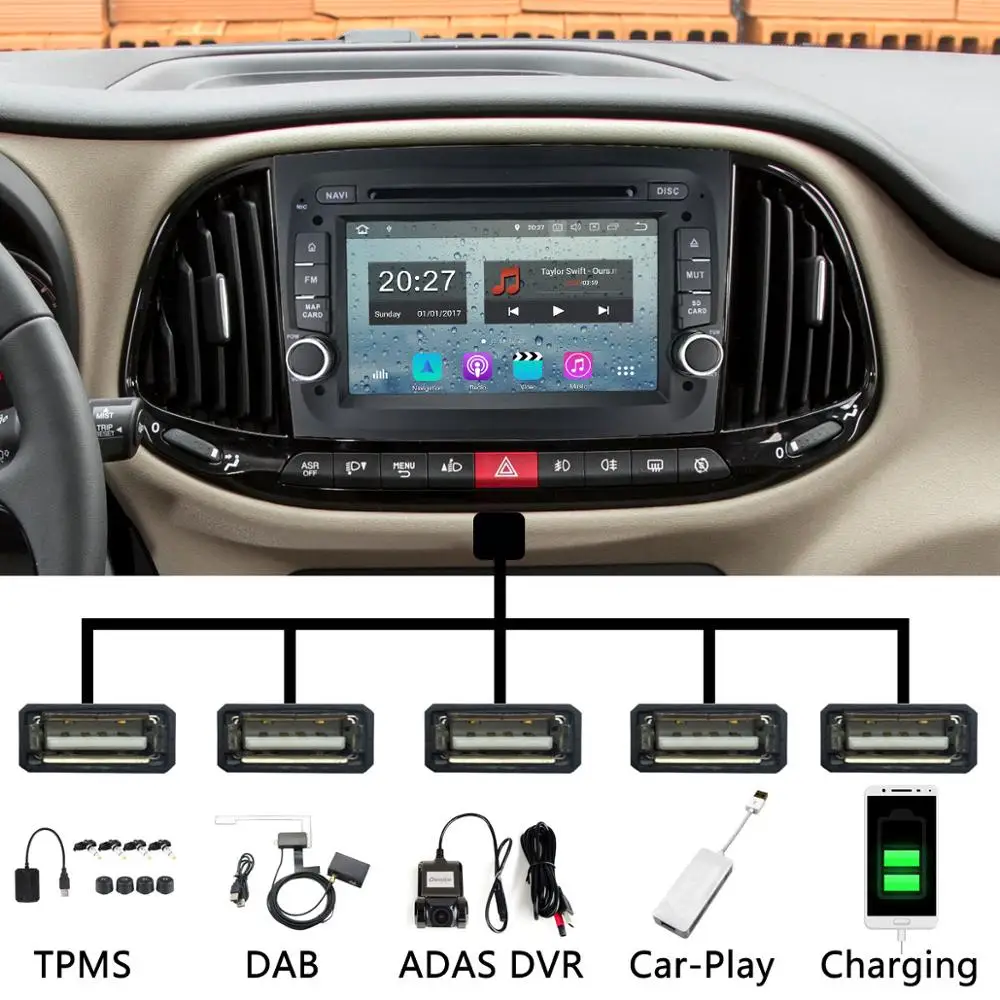 Octa Core 4G+64G Android 9.0 5 USB Port Car DVD for FIAT DOBLO 2015 2016 Radio GPS Multimedia DSP |