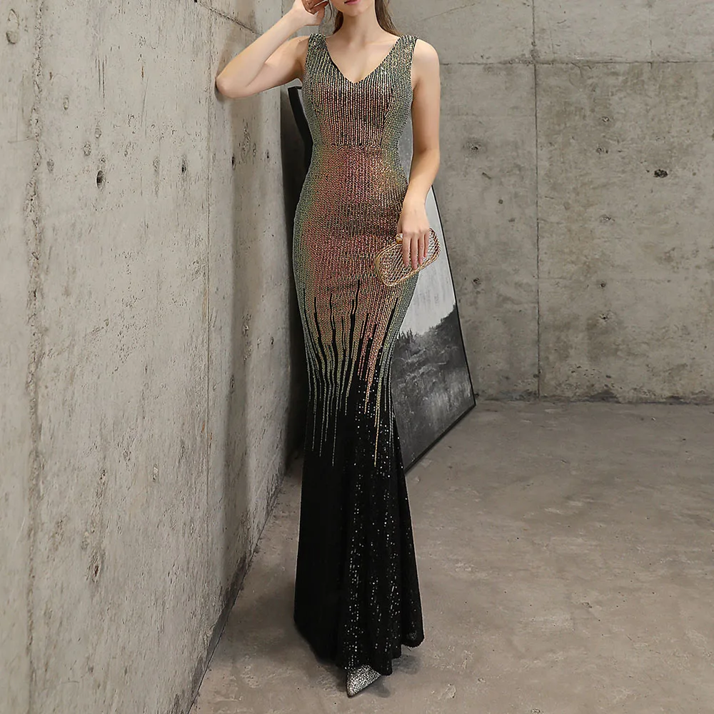 Dark Blue Sparkly Mermaid Evening Dress Women Beading Sleeveless Party Long Dresses V Neck Wedding Formal Gowns Elegant Robe | Свадьбы и