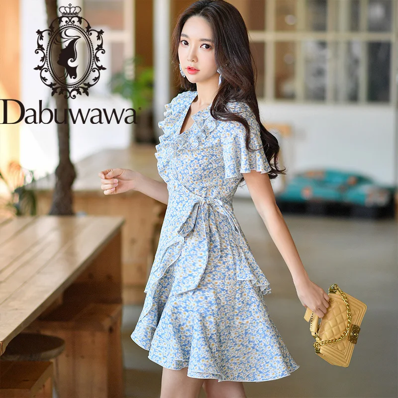 

Dabuwawa Boho Floral Print Belted Ruffled Neck Holiday Dress Women Solid Fit and Flare Ruffle Vacation Dresses Female DT1BDR005