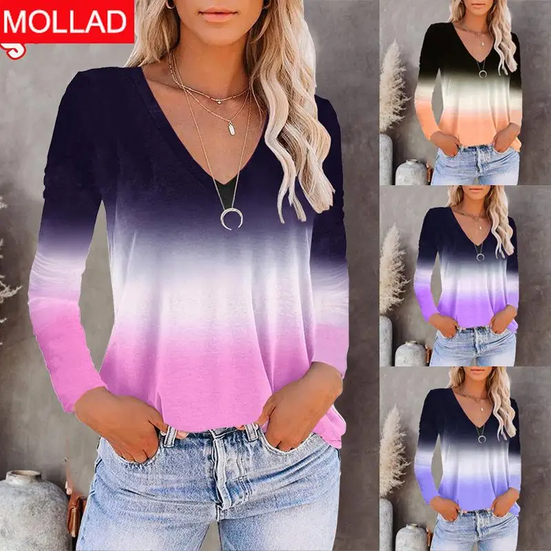 2021 Autumn and Winter Europe and America New V-neck Long Sleeve Gradient Color Women's T-shirt Women's Tops
2021 Autumn and Winter Europe and America New V-neck Long Sleeve Gradient Color Women's T-shirt Women's Tops