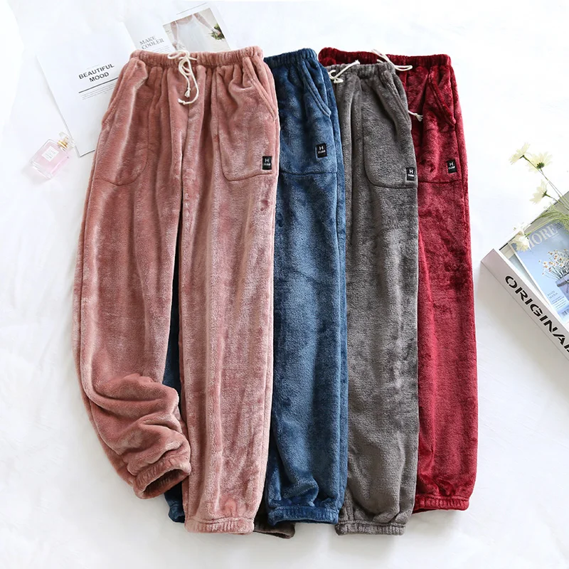 2022 Fall Winter Pants Bottoms For Couples Warm Thick Coral Fleece Sleep Soft Pajamas Men Women Plus Velvet Trousers | Мужская одежда