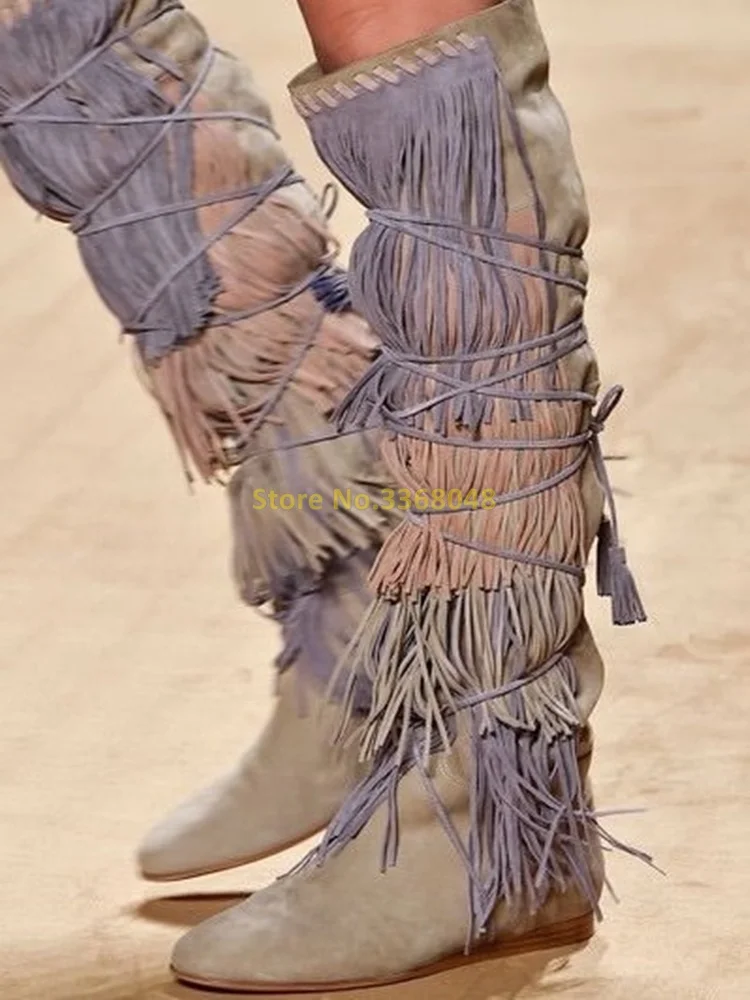 Women's Suede Tassel Knight Boots Flat With Knee High Strap Wrap Mixed Color Rome Winter Boots Round Toe Shoes
Women's Suede Tassel Knight Boots Flat With Knee High Strap Wrap Mixed Color Rome Winter Boots Round Toe Shoes