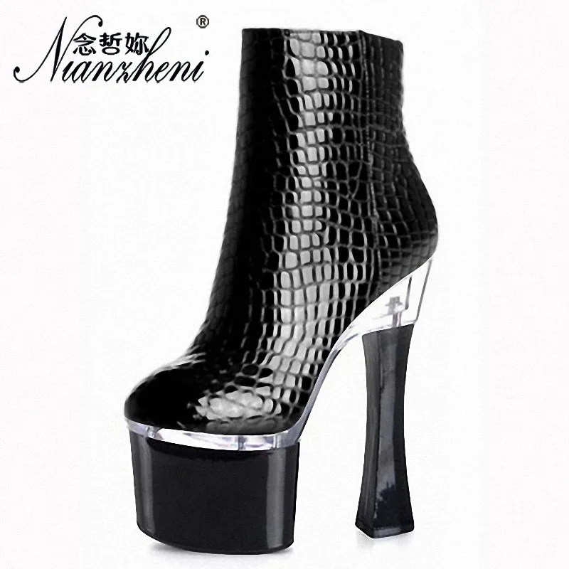 Winter Women'S Round Toe Black Patent Leather Crystal 15Cm Ankle Boots High Heels Platform Crocodile Pattern Zipper 8 Inch Show
Winter Women'S Round Toe Black Patent Leather Crystal 15Cm Ankle Boots High Heels Platform Crocodile Pattern Zipper 8 Inch Show
