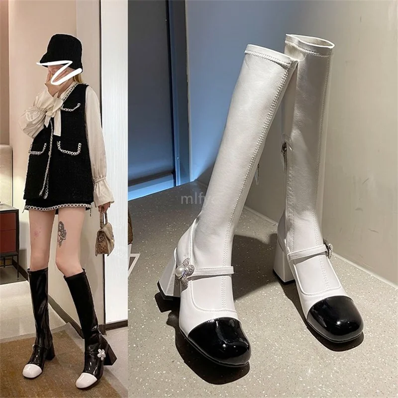 High-heeled boots women 2021 autumn winter fashion color matching Mary Jane flower thick heel leather boots but knee high boots
High-heeled boots women 2021 autumn winter fashion color matching Mary Jane flower thick heel leather boots but knee high boots