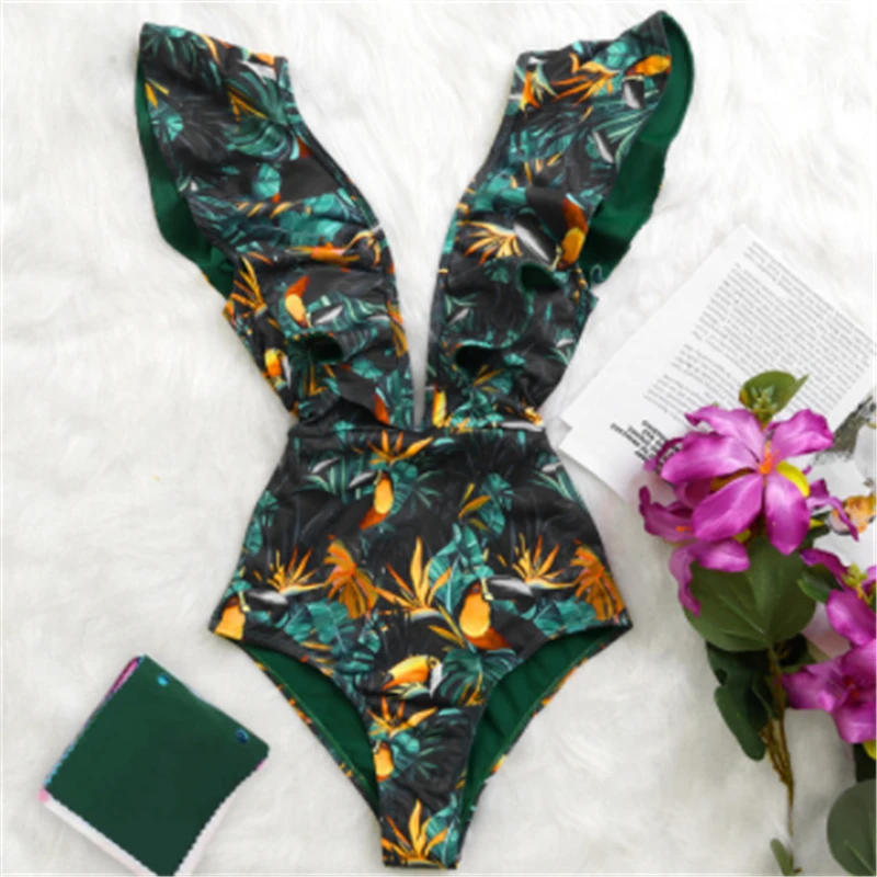 Новинка 2021, купальник с принтом и глубоким V-образным вырезом, купальник на одно плечо с оборками и открытой спиной, цельный пляжный купальни... 
Новинка 2021, купальник с принтом и глубоким V-образным вырезом, купальник на одно плечо с оборками и открытой спиной, цельный пляжный купальни...