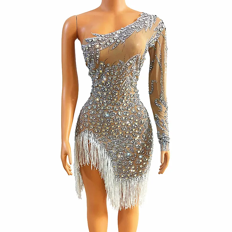 Silver Rhinestone Fringe Transparent Dress Birthday Show Costume Sexy Tassel Latin Dance Short Dress Single Shoulder
Silver Rhinestone Fringe Transparent Dress Birthday Show Costume Sexy Tassel Latin Dance Short Dress Single Shoulder
