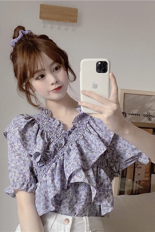 COIGARSAM Cute Ruffles blouse women Chiffon blusas womens tops and blouses White Purple Flower 9869-1
COIGARSAM Cute Ruffles blouse women Chiffon blusas womens tops and blouses White Purple Flower 9869-1