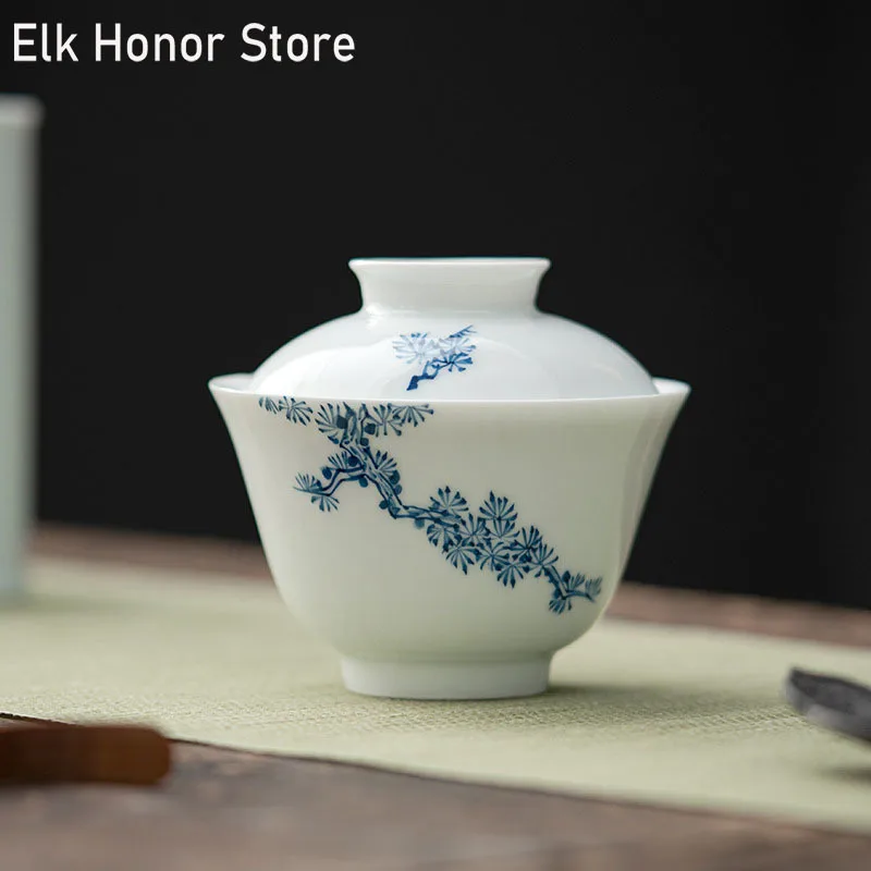 

85ml White Porcelain Tea Tureen Hand-painted Pine Wind Art Ceramic Gaiwan Bowl With Lid Household Kung Fu Puer Teaware Ceremony