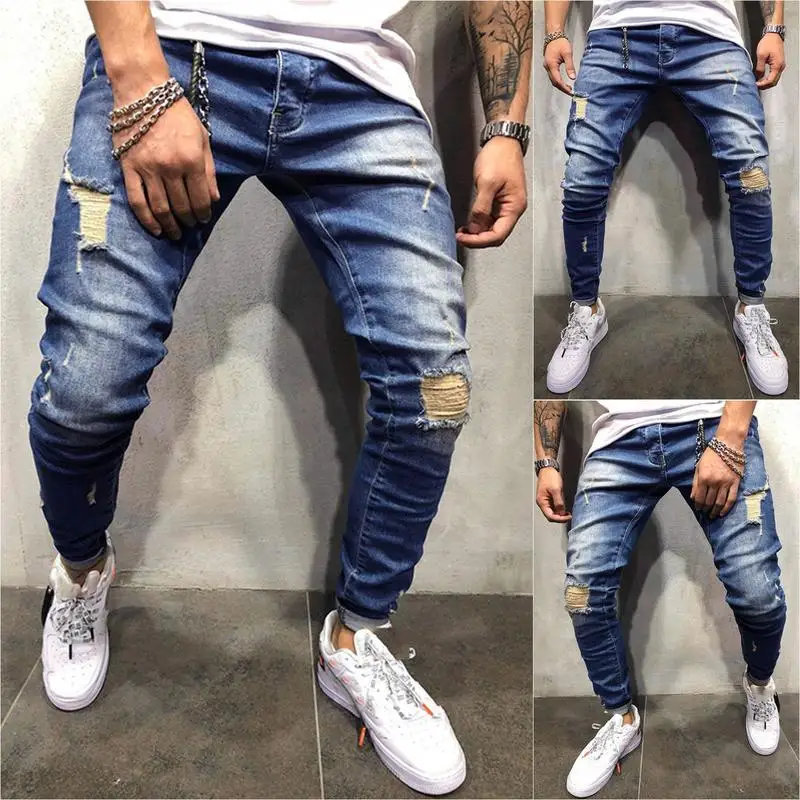 Blue Ripped Jeans Mens Slim Fit Distressted Knee-Broken Hole Denim Pants Pocket Casaul Long Pencil Trousers Jeans
Blue Ripped Jeans Mens Slim Fit Distressted Knee-Broken Hole Denim Pants Pocket Casaul Long Pencil Trousers Jeans
