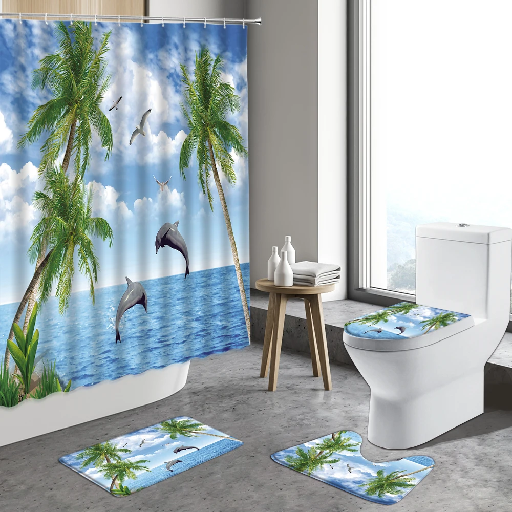 

Ocean Scenery Seaside Holiday Landscape Shower Curtain Coconut Tree Dolphin Beach Bathroom Curtains Sets Non-slip Rug Bath Mats