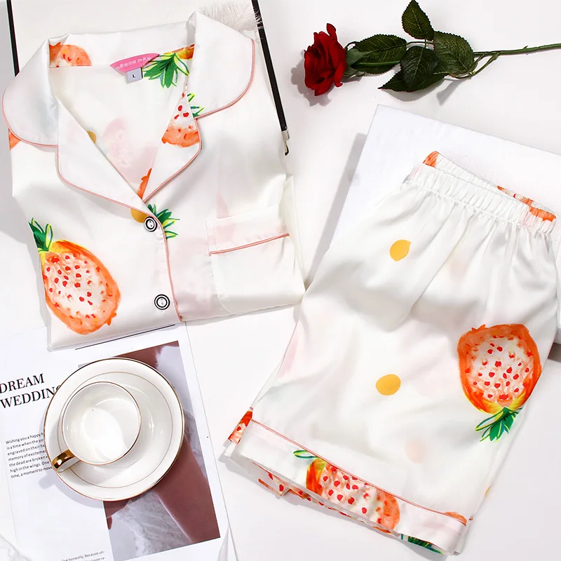Summer Short Satin Pajamas for Women Print Pijama Suit Nightwear Korean Cute Sleepwear Pj Set Pyjama Silk Short Homewear 
Summer Short Satin Pajamas for Women Print Pijama Suit Nightwear Korean Cute Sleepwear Pj Set Pyjama Silk Short Homewear