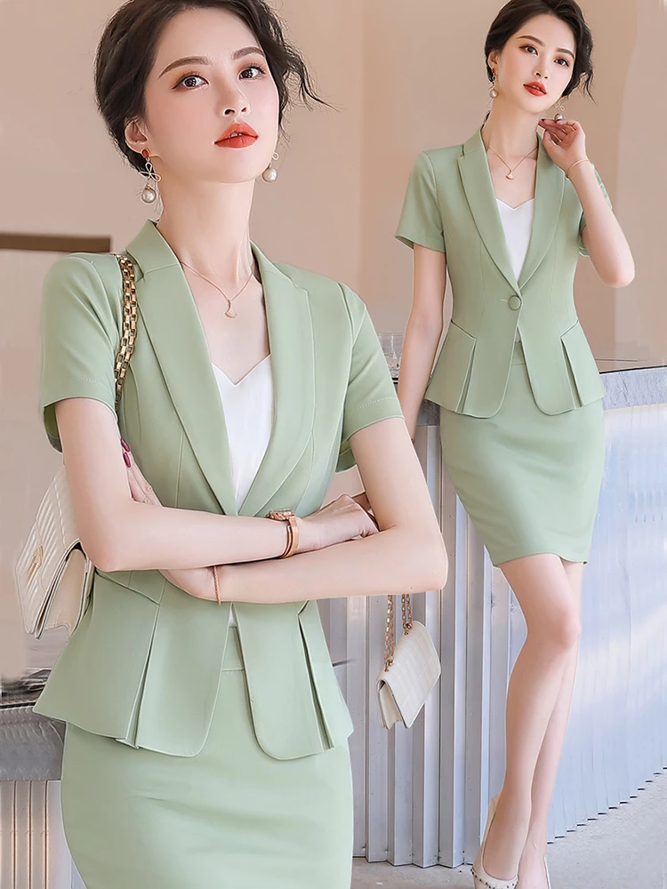 Новинка зеленые летние деловые женские костюмы с коротким рукавом юбкой и топом